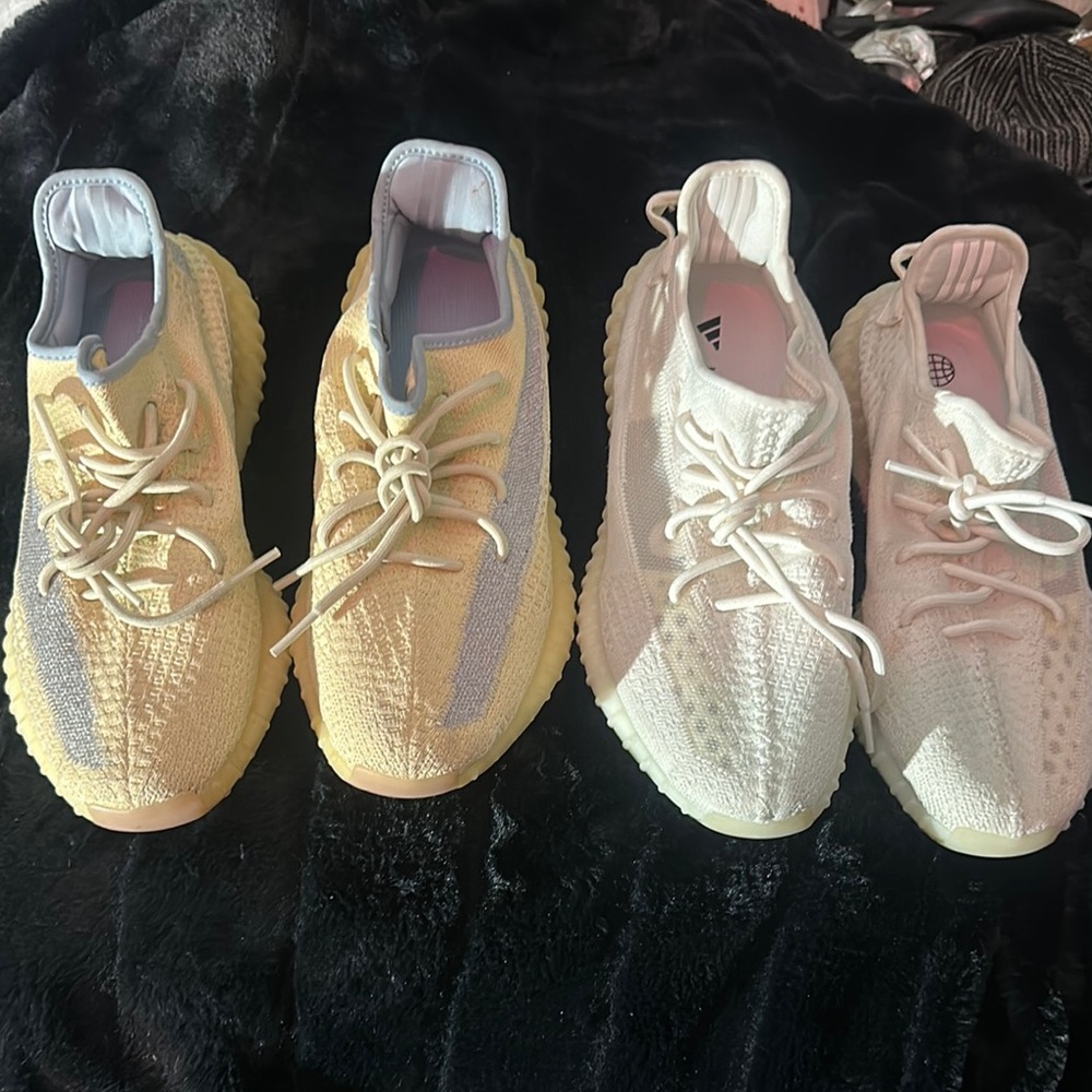 Yeezy Yellow and White Sneakers with Knit Upper and Ribbed Sole